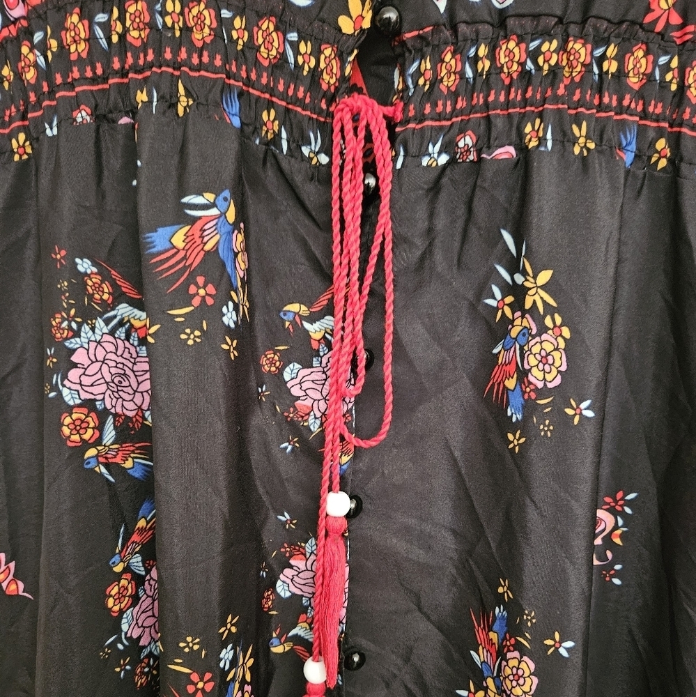 Wish V-Neck Peacock Floral Print Flare Sleeve Bohemian cotton blend Dress size S - Picture 4 of 13